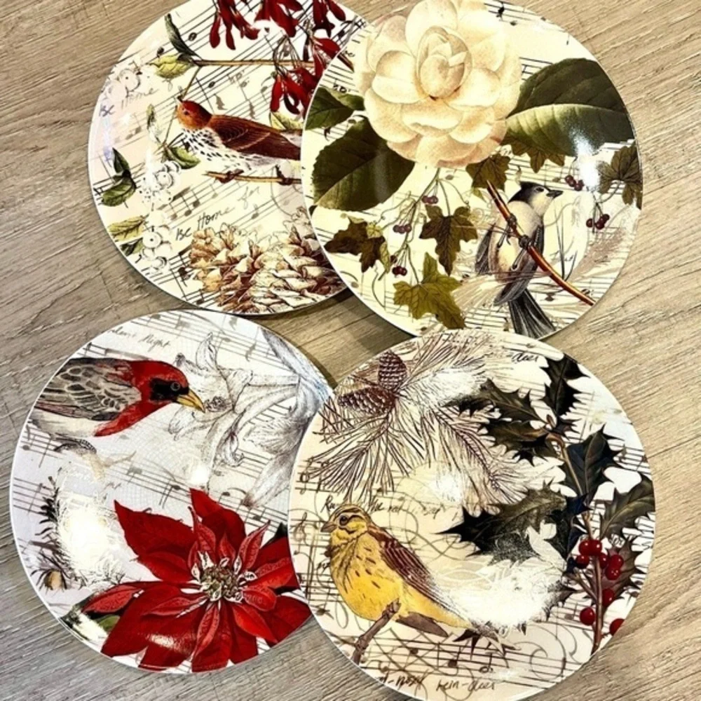 Pottery Barn 8” Bird Decoupage Plates Set of 4